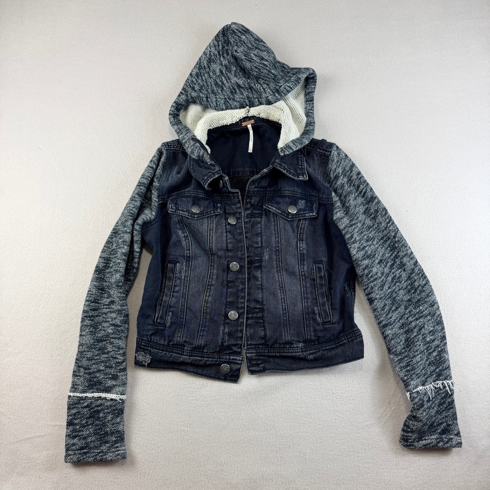 Free People Y2K Mix Media Denim Jacket XS DarkWash Knit Sleeves Detachable Hood